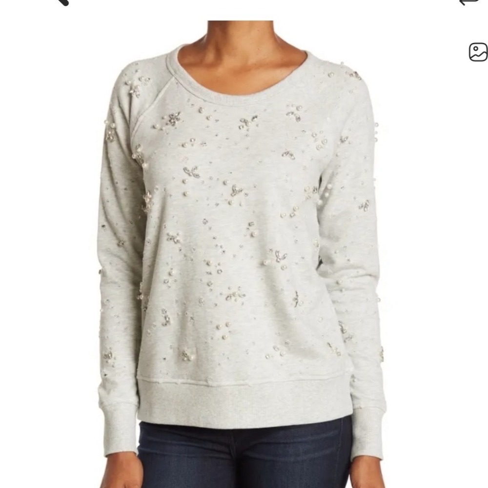 INCashmere‎ Embellished Pearl Rhinestone Sweatshirt Light Gray Size L
